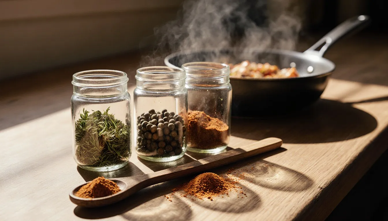Small glass jars of dried herbs and spices beside a wooden spoon over a simmering pan