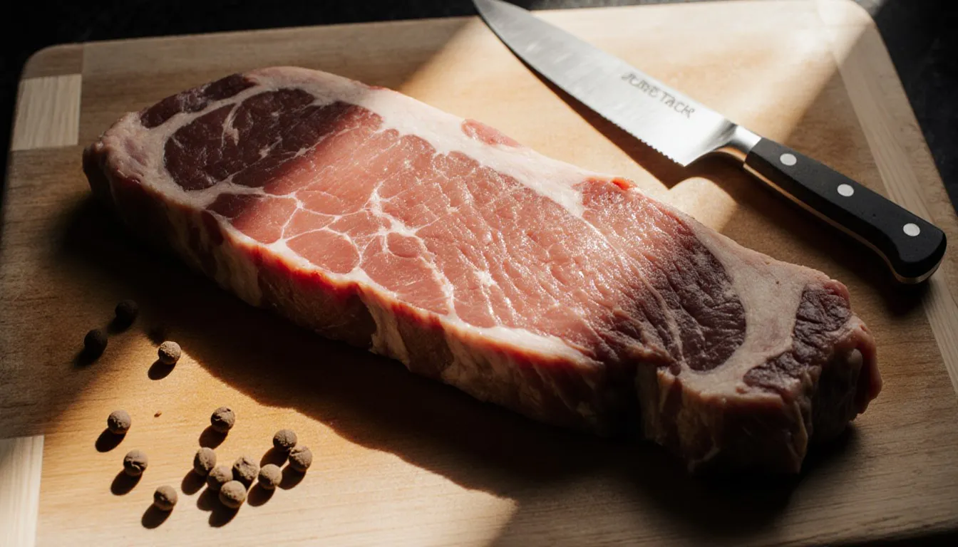 A raw flank steak on a wooden butcher board, a common substitute for skirt steak