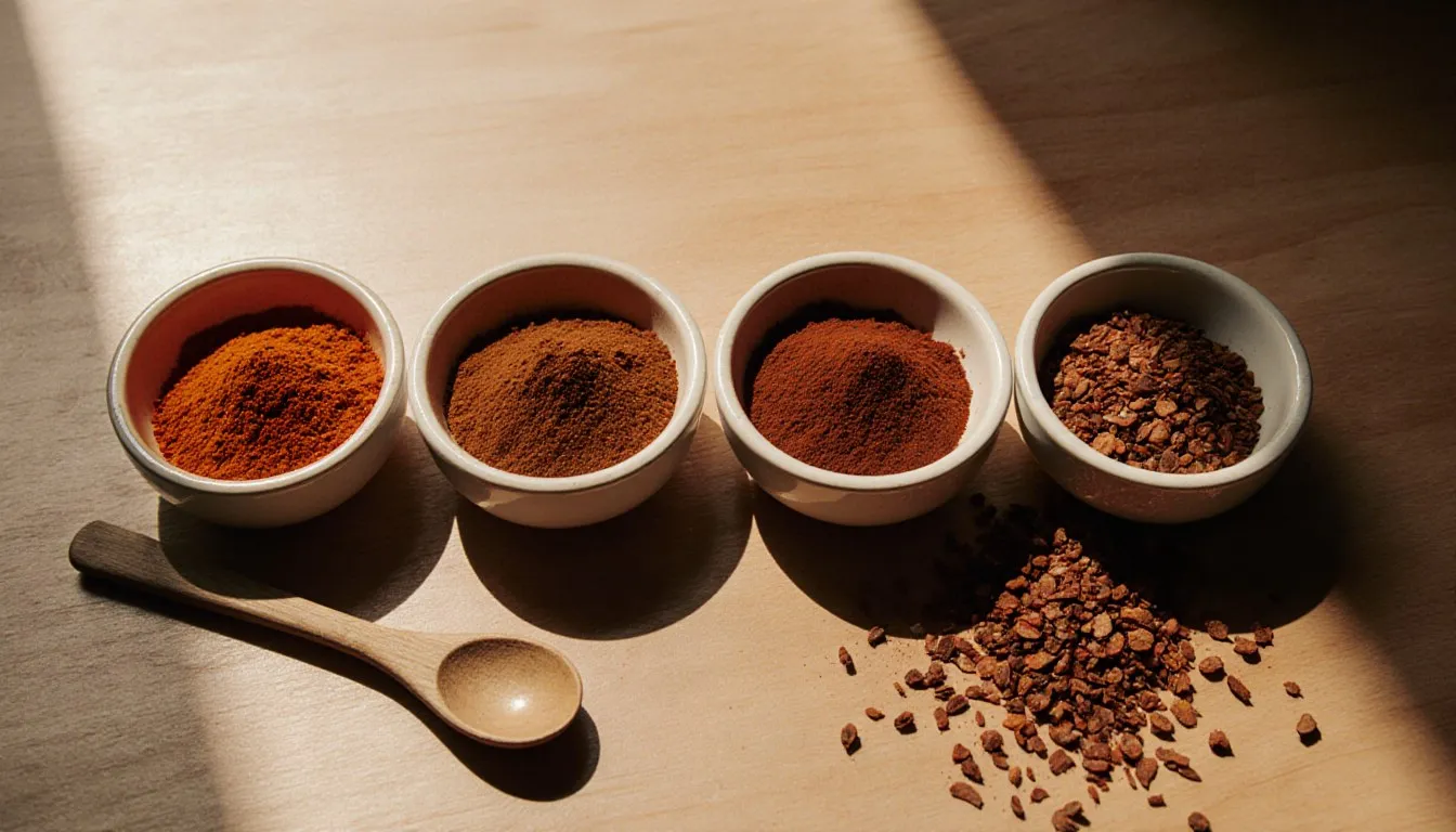 Small bowls of sweet paprika, chili powder, cayenne, and red pepper flakes on a wooden counter
