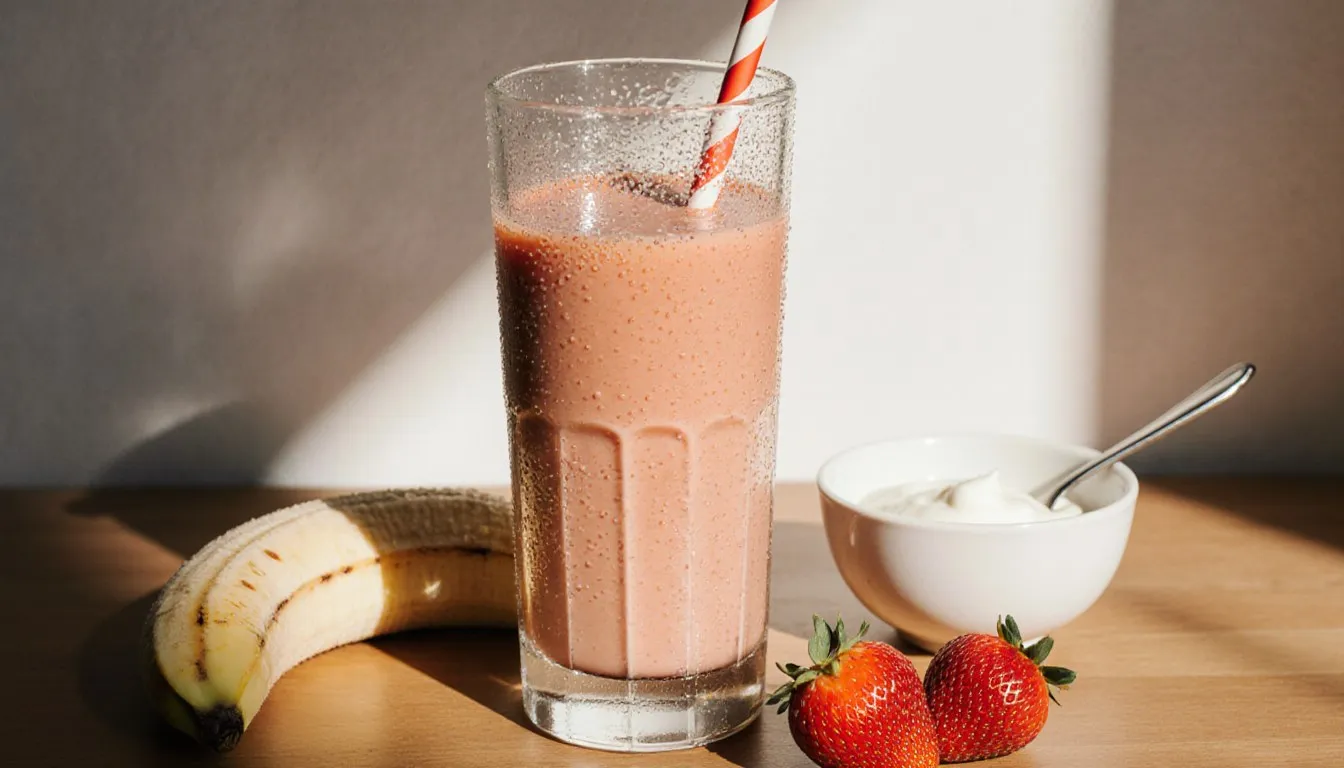 A glass of strawberry-banana smoothie surrounded by fresh strawberries, a banana, and yogurt on a kitchen counter