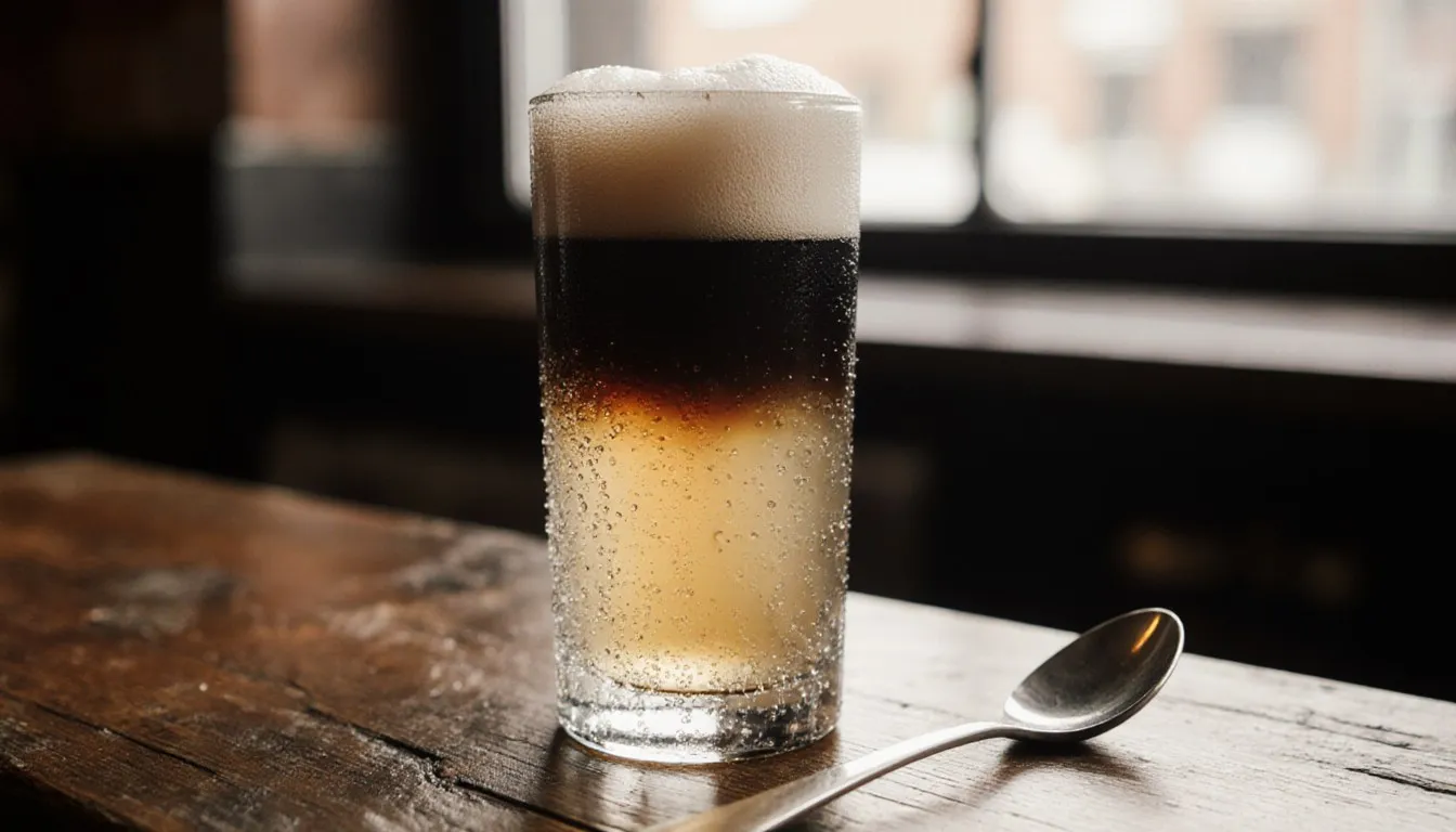 A pint glass of snakebite showing pale cider and dark stout layered in distinct bands