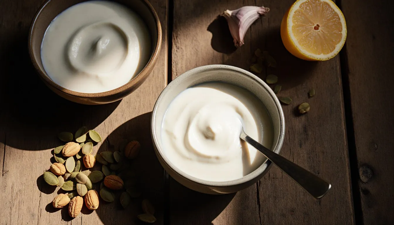 A bowl of sour cream beside yogurt, pine nuts, sunflower seeds, and lemon on a wooden table