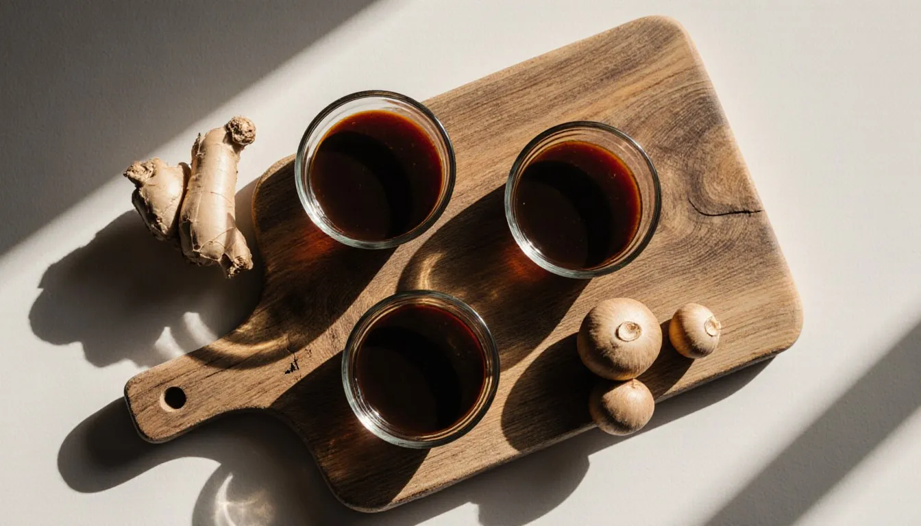 Bowls of coconut aminos, tamari, and fish sauce arranged as soy sauce substitutes on a wooden board