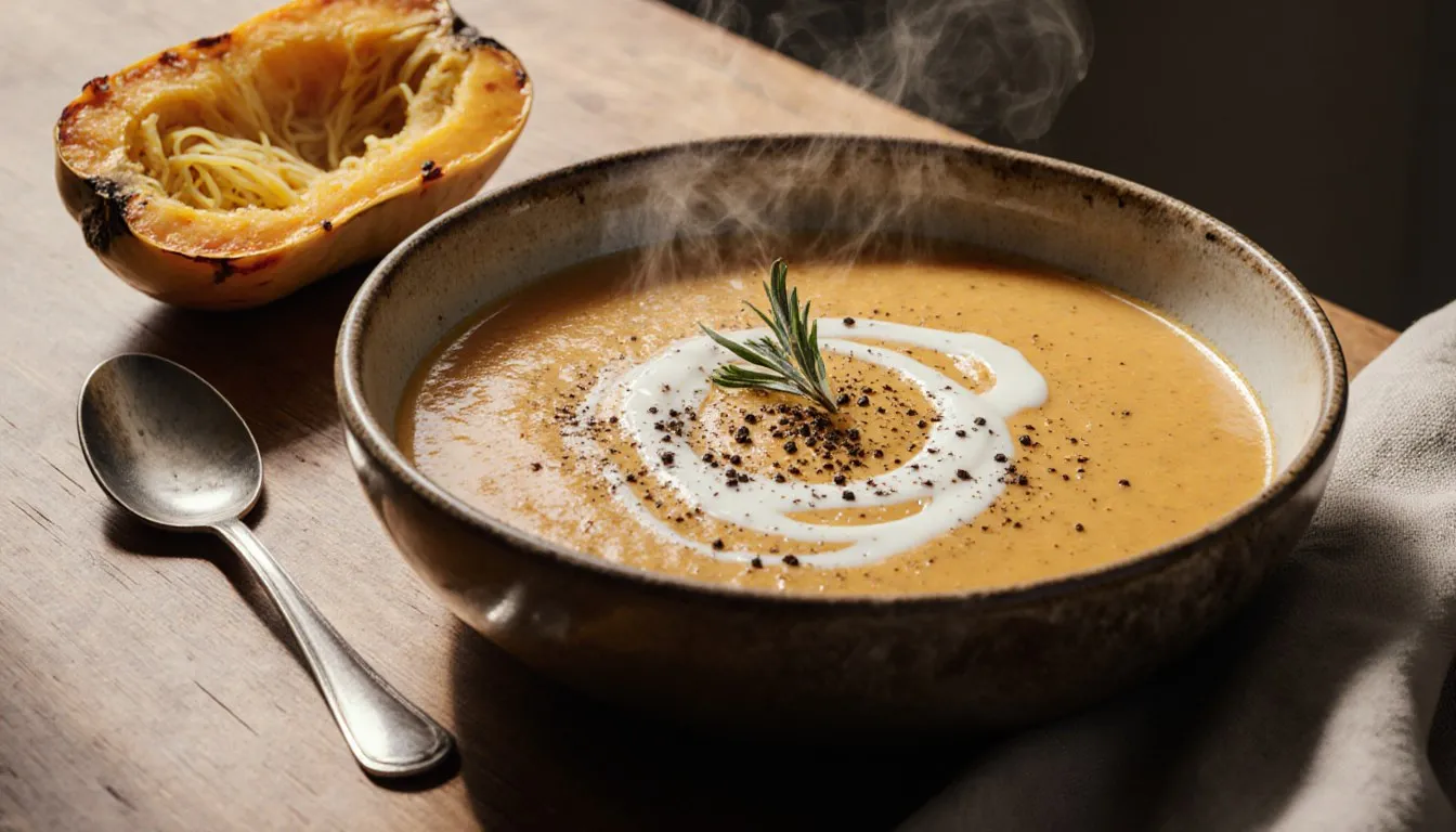 A bowl of creamy spaghetti squash soup beside a halved roasted spaghetti squash with stringy strands