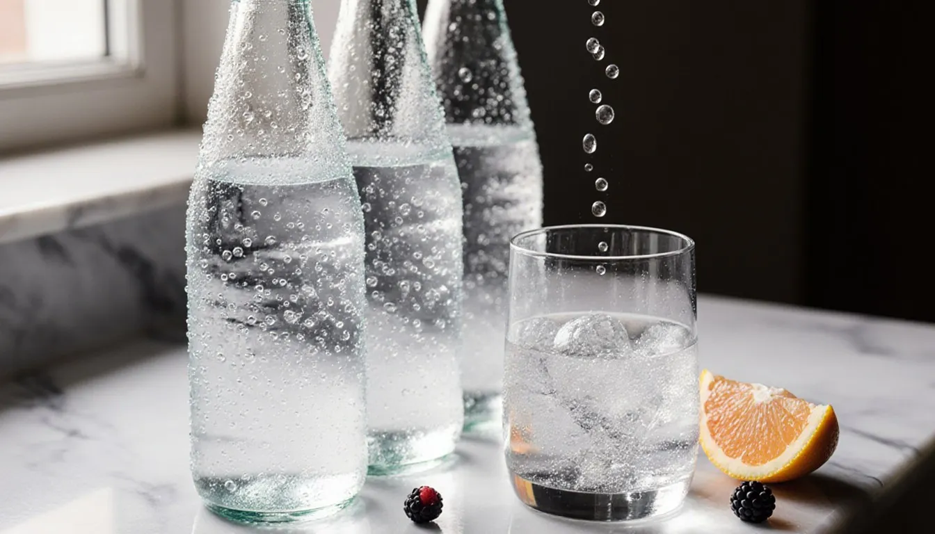 Chilled glass bottles of sparkling water beside a bubbling glass, with citrus and berries alongside