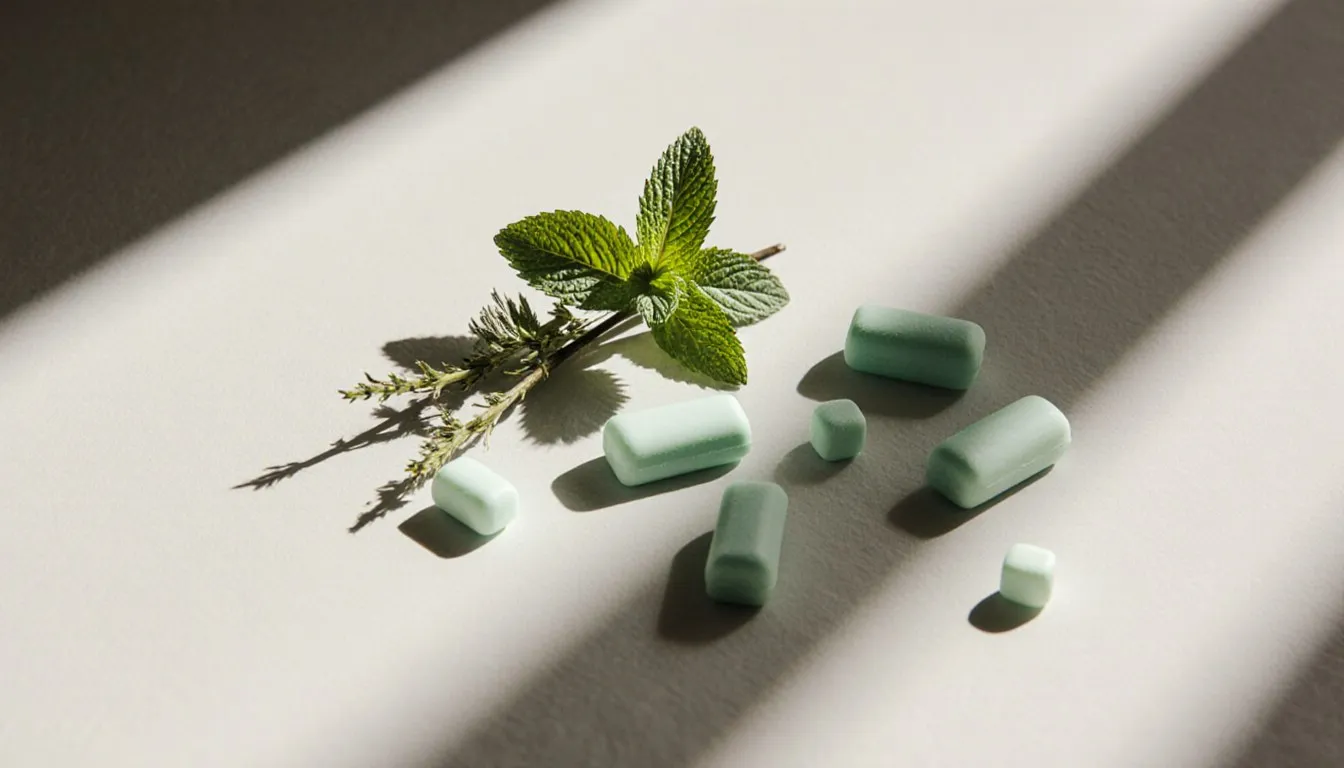Fresh spearmint sprigs arranged beside sticks and pellets of pale green chewing gum