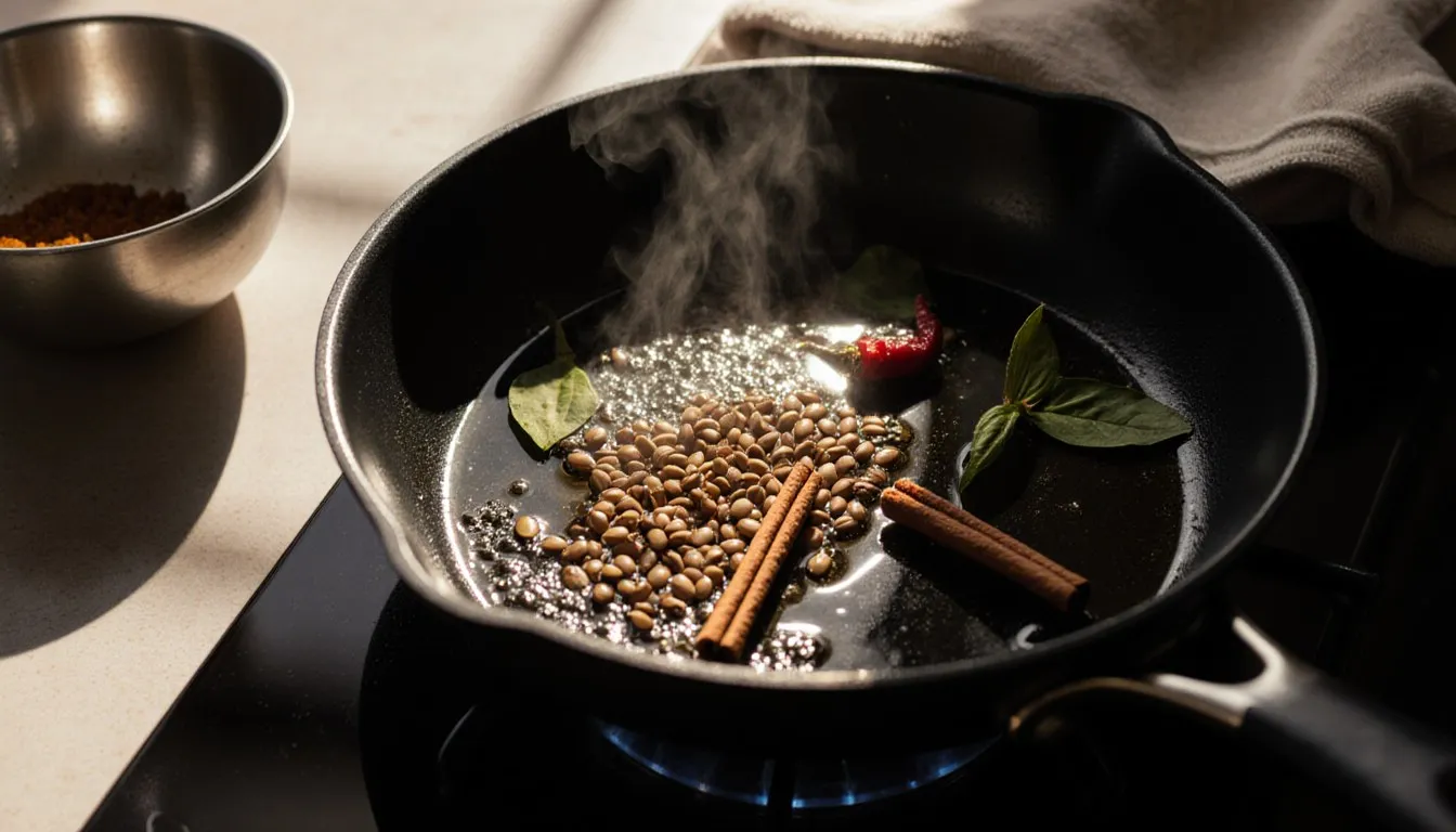 Whole cumin and mustard seeds, cinnamon, and dried chile sizzling and blooming in hot oil in a small skillet