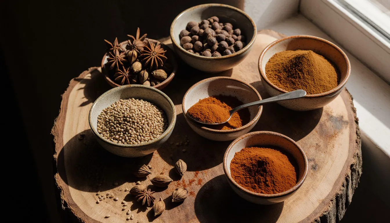Six small bowls of whole and ground spices, star anise, cardamom pods, coriander seeds, and ground paprika, arranged on a round wooden board