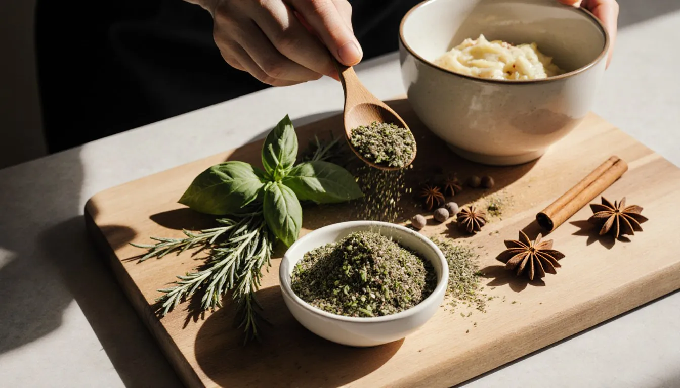 Fresh herbs and whole spices arranged on a wooden board while a dish is seasoned with a sprinkle of chopped herbs