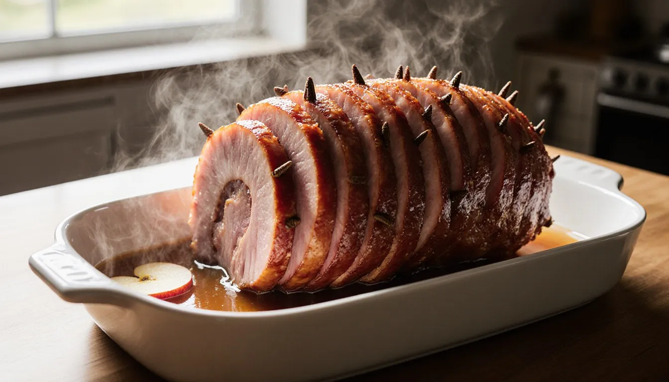 A glazed spiral-cut ham studded with cloves resting in a roasting dish, sliced layers fanned open