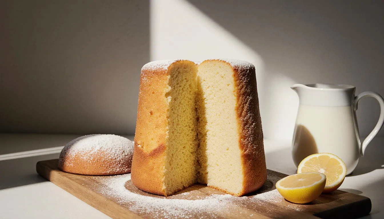 A sliced sponge cake with an airy golden crumb beside a lemon sponge cake and fresh lemon halves