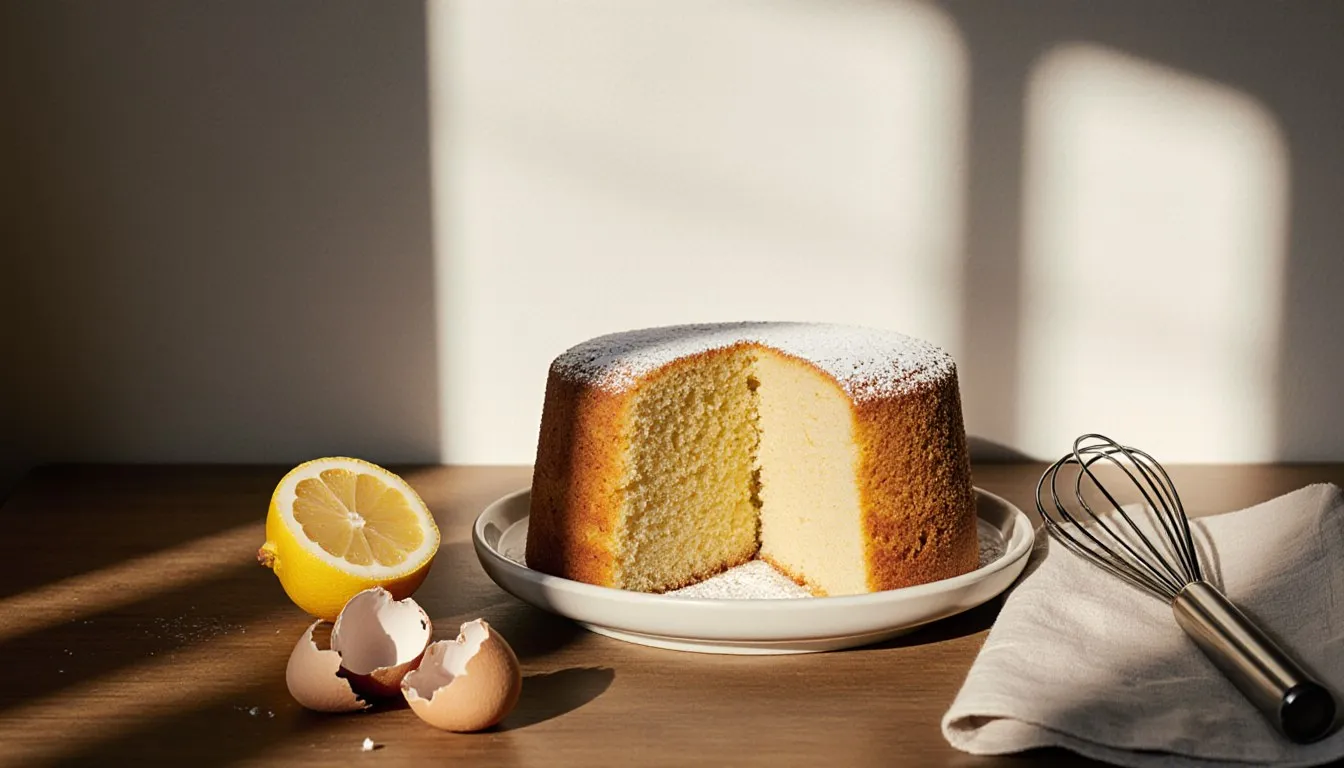 A golden sponge cake sliced open to show its airy crumb, next to a halved lemon and whisk on a kitchen counter