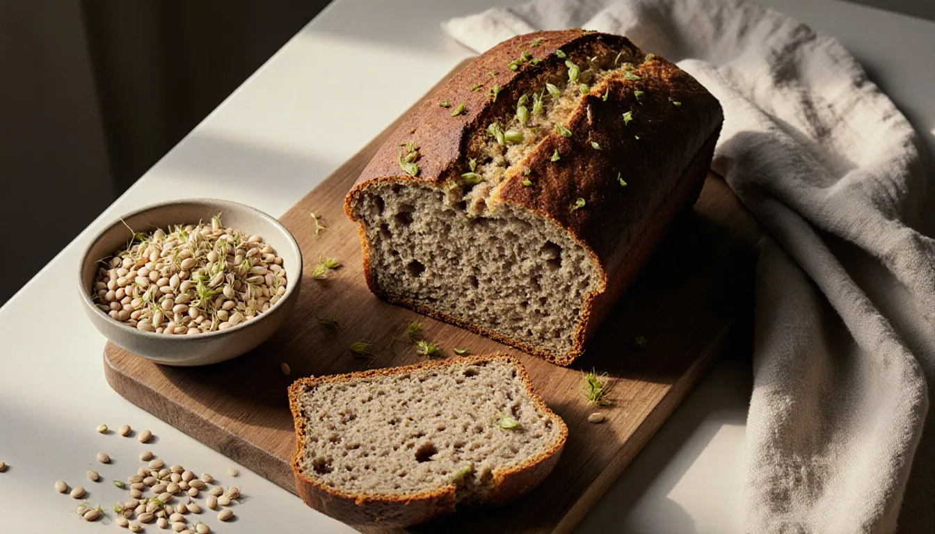 A torn loaf of sprouted grain bread beside a bowl of sprouted wheat berries on a wooden board