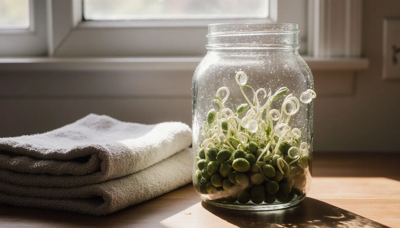 Mung beans sprouting with pale tails in a glass jar on a kitchen counter