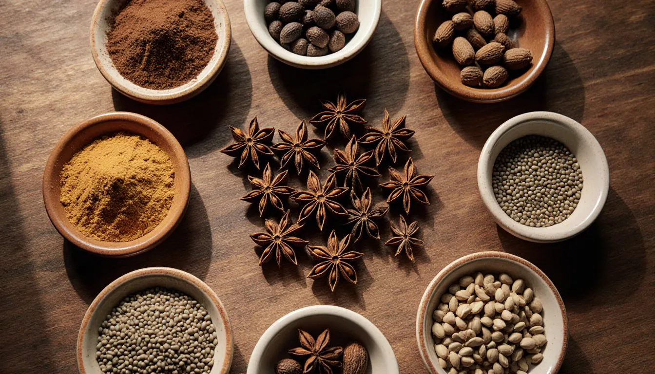 Star anise pods surrounded by small bowls of spice substitutes like cloves, cassia bark, and fennel seeds