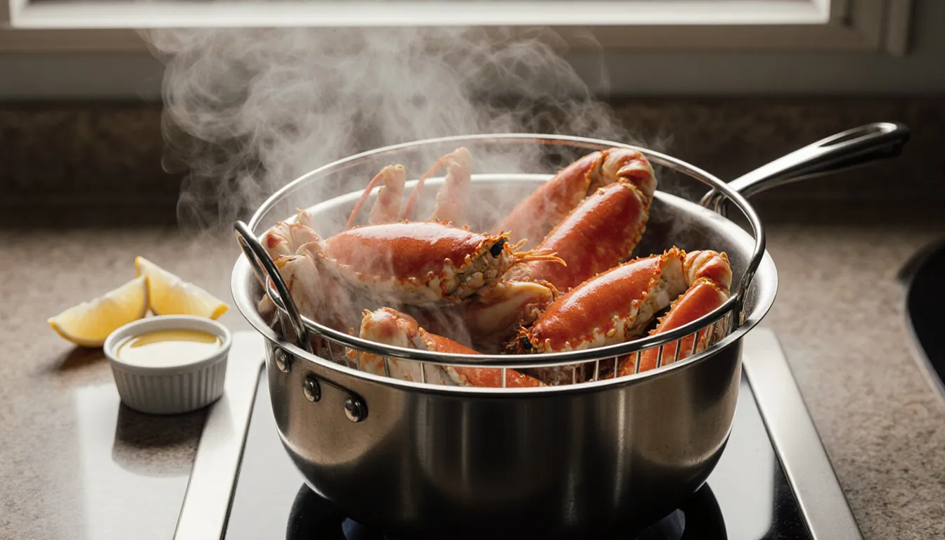Steamed crab legs in a metal steamer basket with melted butter and lemon wedges
