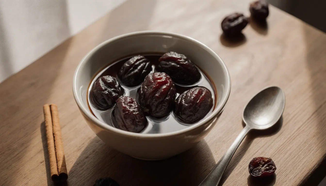 A bowl of glossy stewed prunes in syrup with a cinnamon stick and spoon on a wooden table