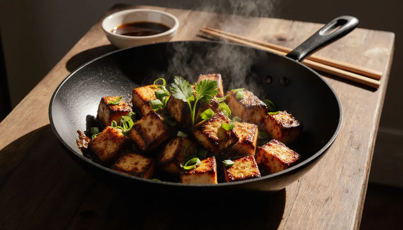 Crispy pan-fried stinky tofu cubes glazed with chili sauce and topped with green onions and cilantro