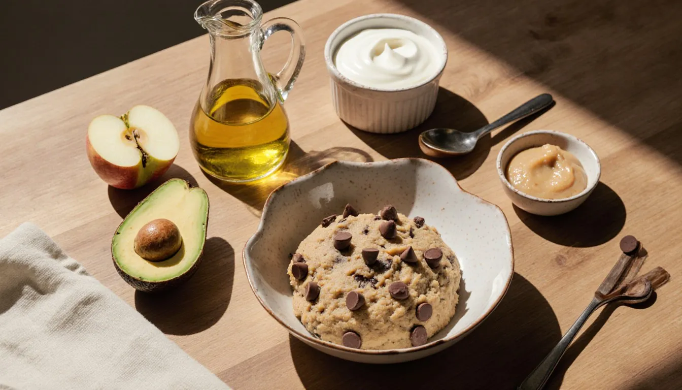 Avocado, olive oil, applesauce, and yogurt arranged beside a bowl of chocolate chip cookie dough