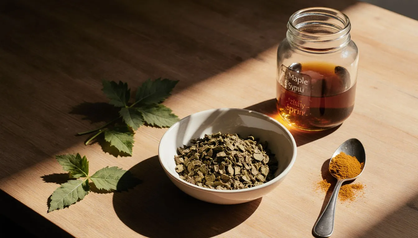 A bowl of dried fenugreek leaves beside curry powder and maple syrup, common substitutes for fresh fenugreek leaves