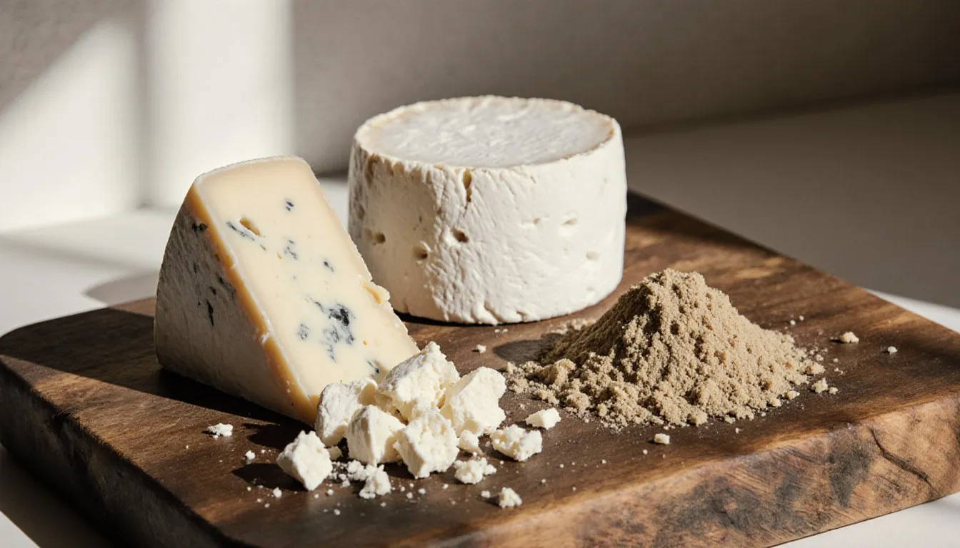 Crumbled feta cheese beside goat cheese and cotija, common substitutes, arranged on a wooden board
