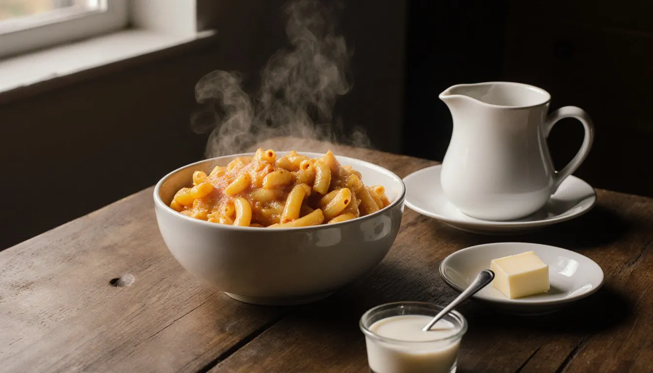 A bowl of mac and cheese with a pitcher of cream, butter, and a small bowl of yogurt on a wooden table