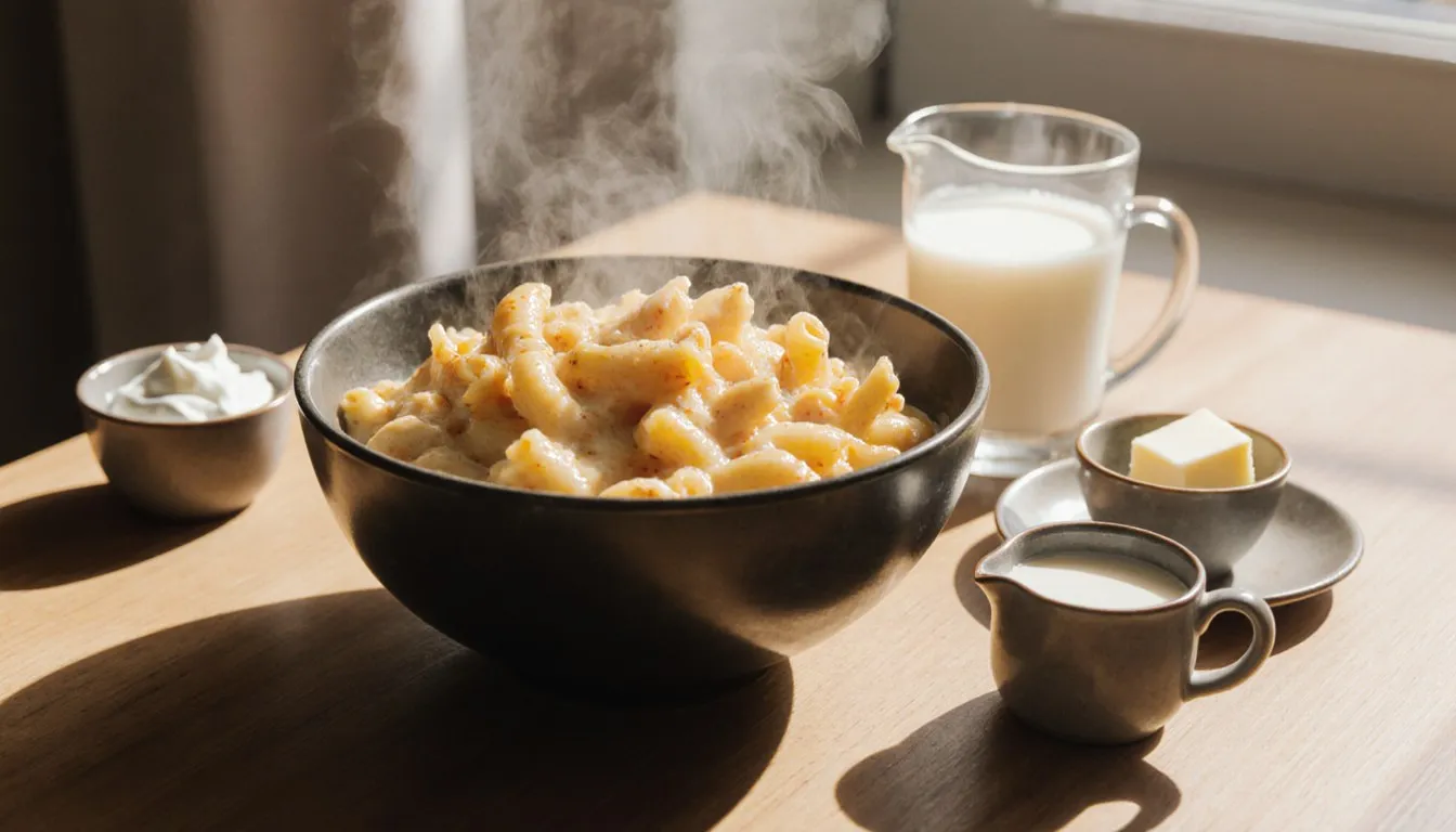 Bowl of creamy mac and cheese surrounded by sour cream, heavy cream, butter, and plant-based milk