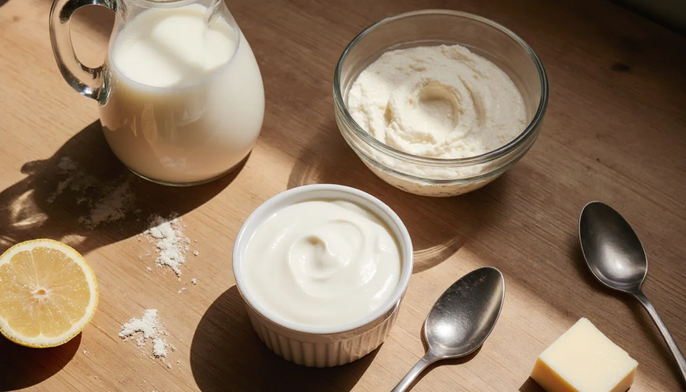Sour cream, buttermilk, and blended silken tofu arranged as plain yogurt substitutes on a kitchen counter
