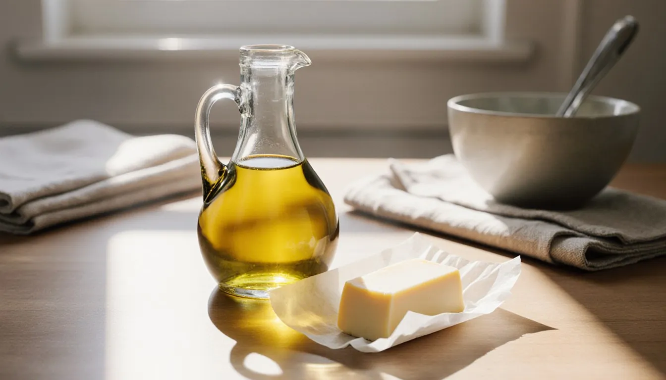 A cruet of olive oil beside a stick of butter on a kitchen counter, comparing the two fats