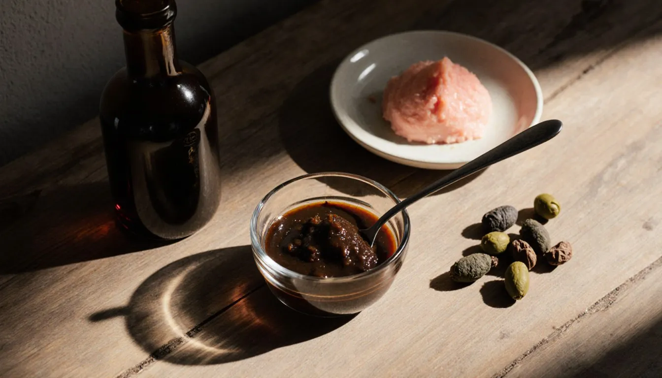 Anchovy paste beside substitutes: fish sauce, shrimp paste, capers, and umeboshi plums on a counter