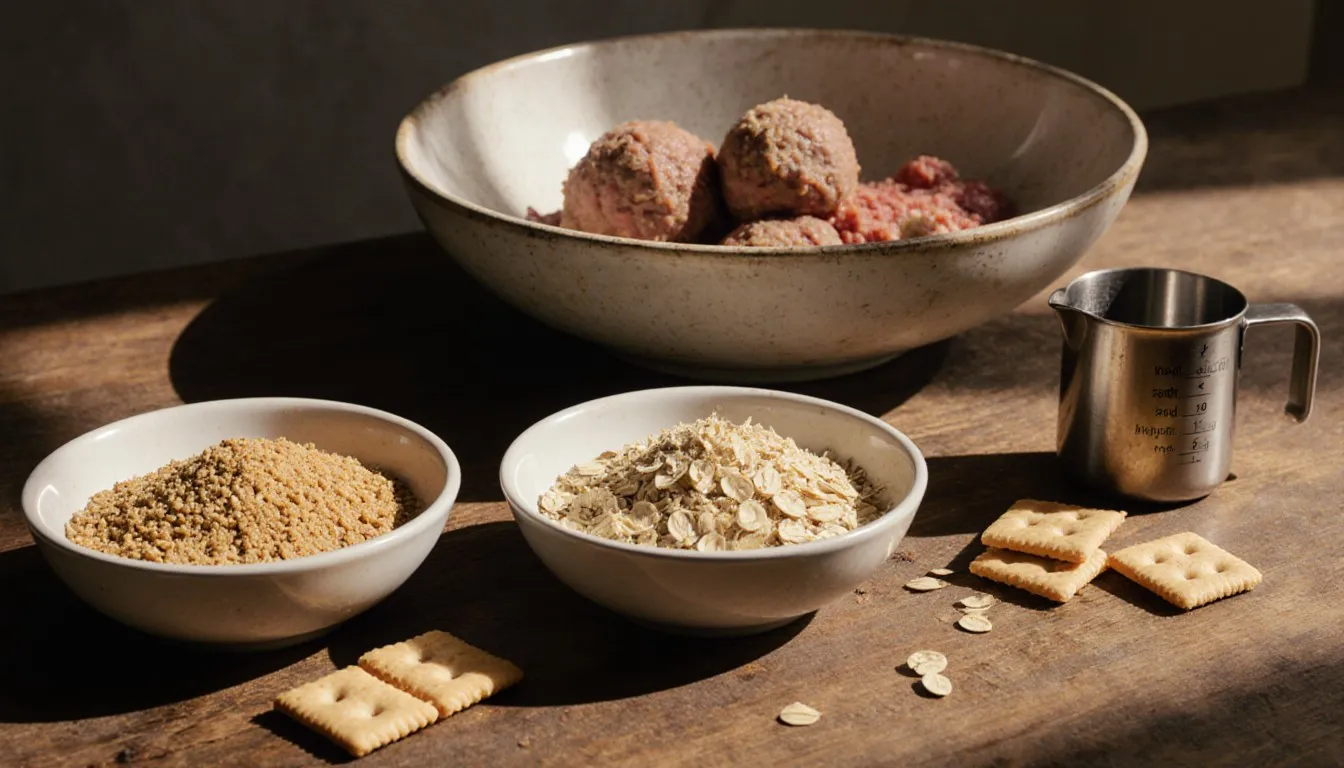 Bowls of crushed crackers, oats, and grated cheese used as breadcrumb substitutes beside meatballs being formed