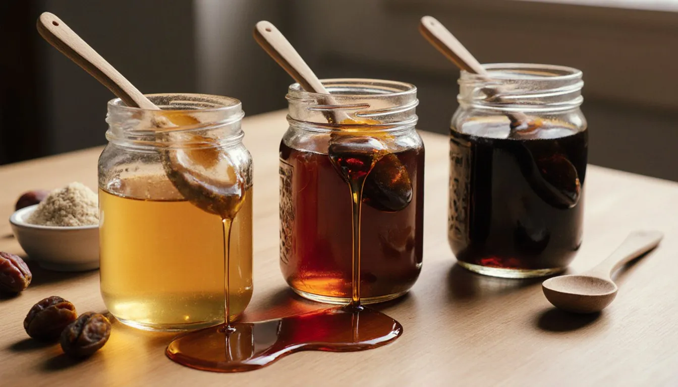 Jars of honey, maple syrup, and molasses with drizzle spoons, shown as brown rice syrup substitutes