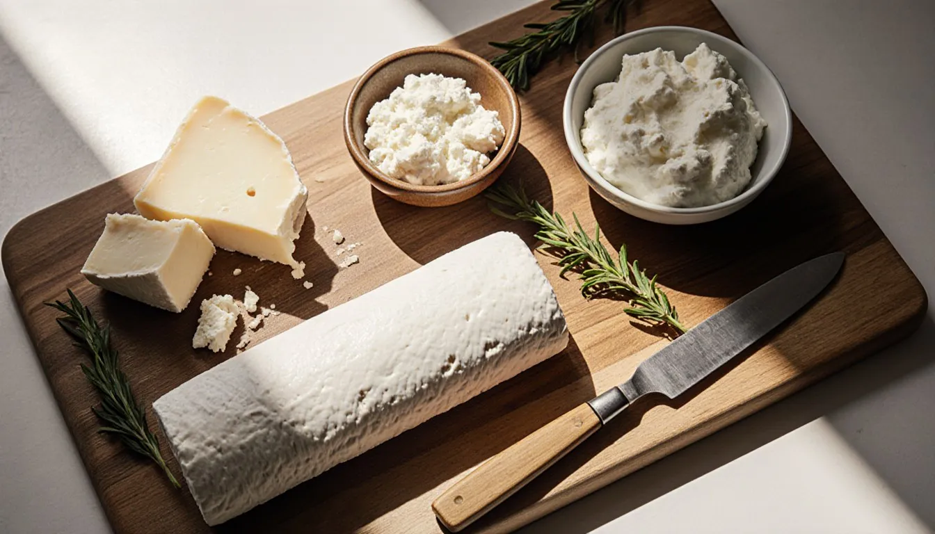 A log of goat cheese on a wooden board alongside feta, cream cheese, and ricotta, common chevre substitutes