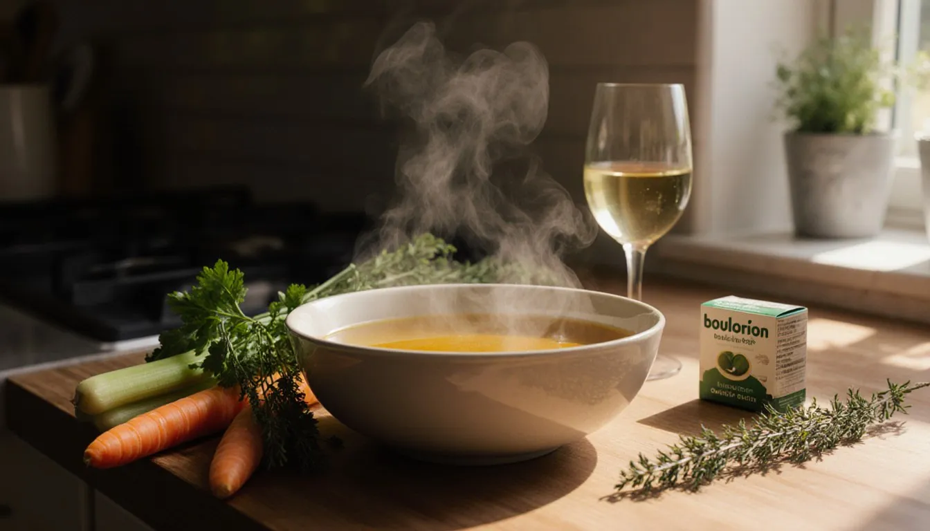 A bowl of homemade vegetable broth with bouillon cubes, fresh herbs, and a glass of white wine nearby