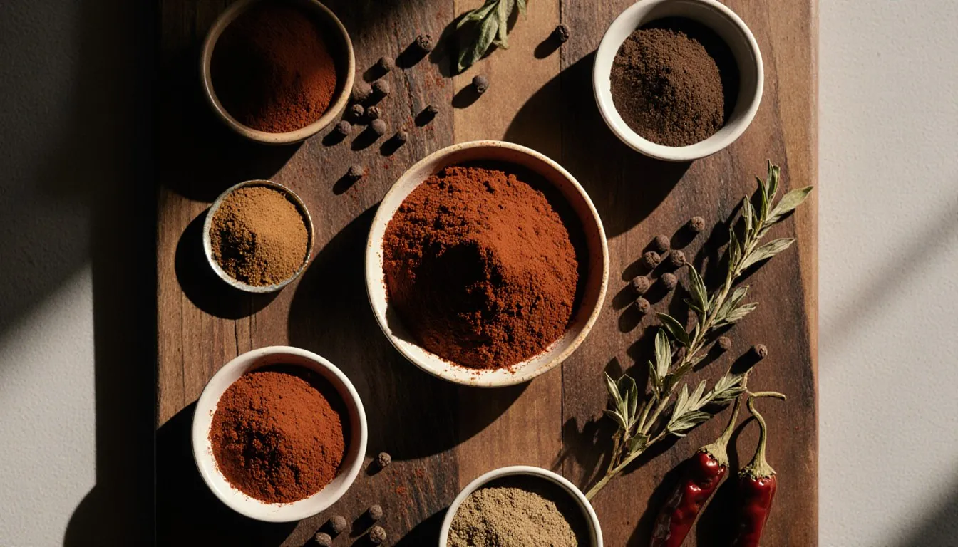 Chili powder in a bowl surrounded by paprika, cumin, black peppercorns, and dried oregano as substitute spices