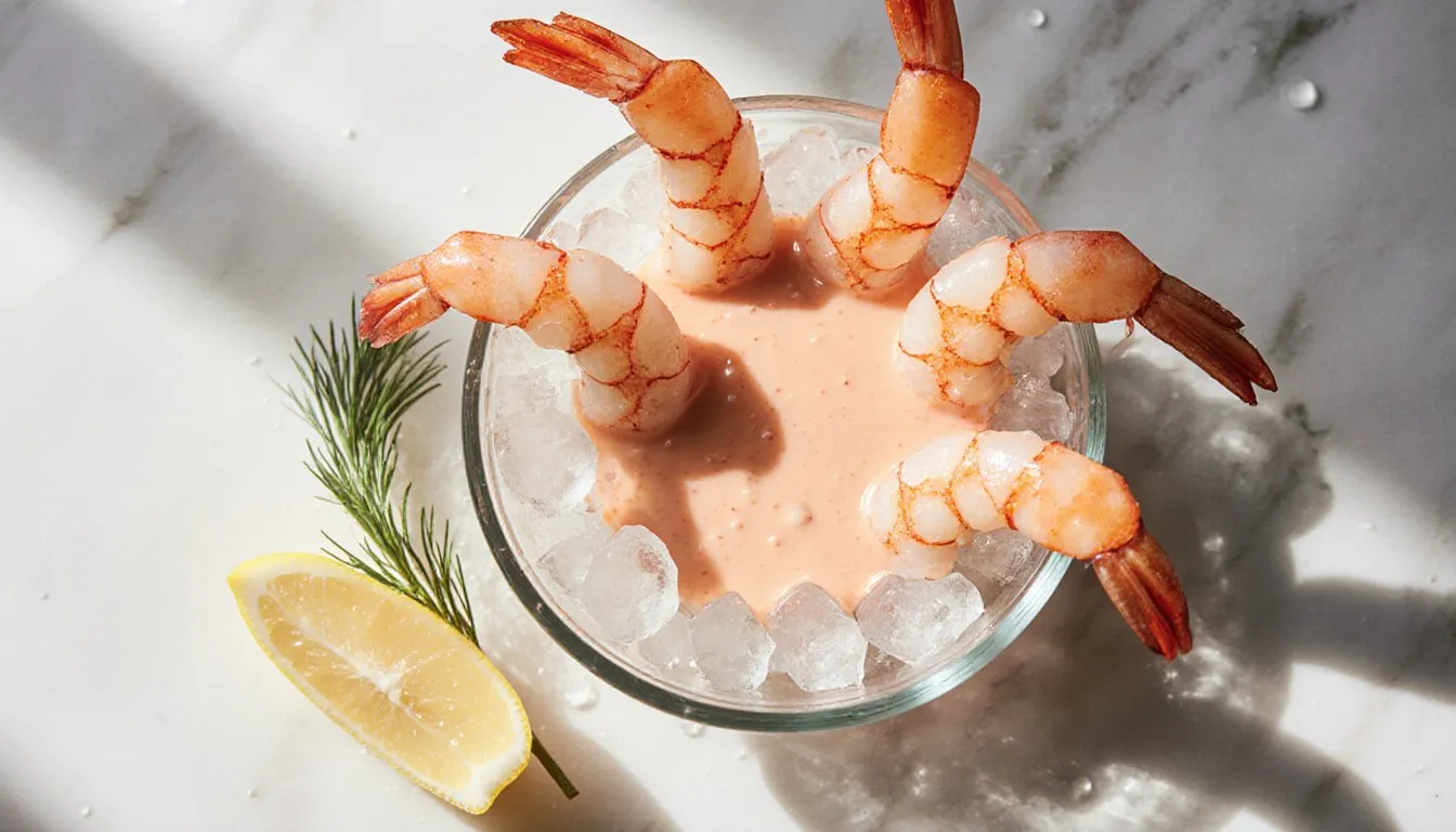 Chilled boiled shrimp served with a creamy pink-orange dipping sauce on a bed of ice