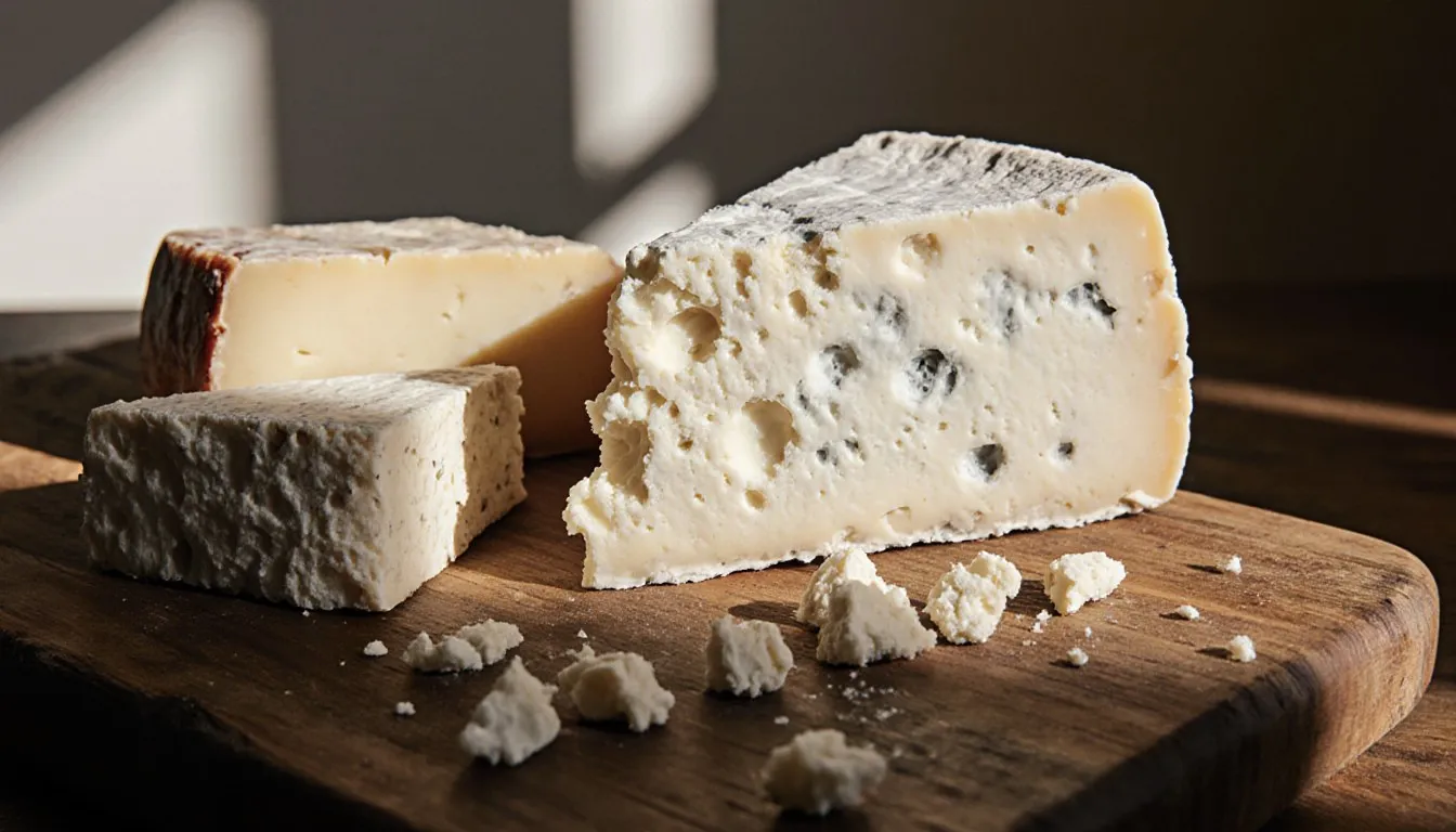 A wedge of crumbly cotija cheese beside feta and aged parmesan on a wooden board