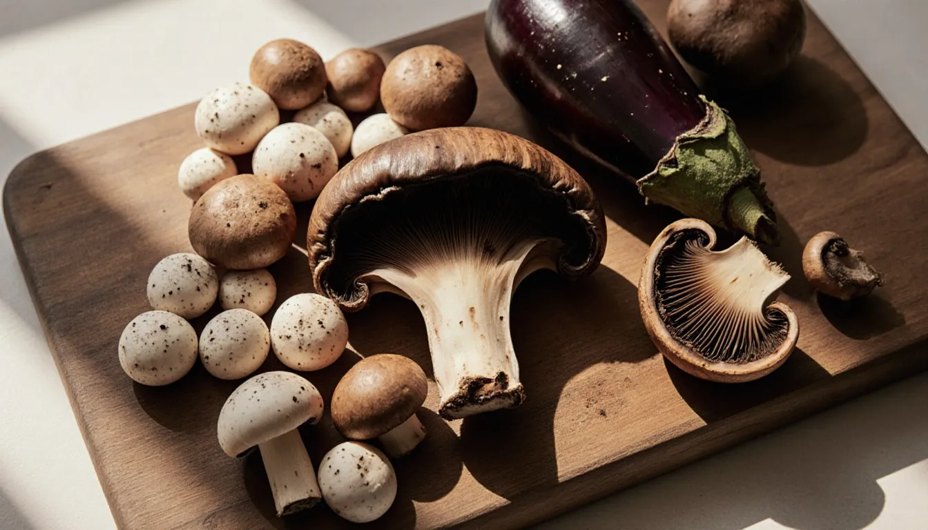 Cremini, white button, portobello, and shiitake mushrooms arranged with an eggplant on a wooden board