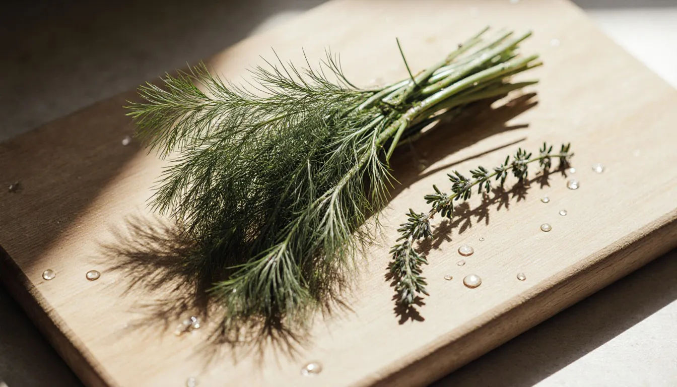 Fresh dill sprigs beside fennel fronds and tarragon, herbs used as dill substitutes, on a wooden board