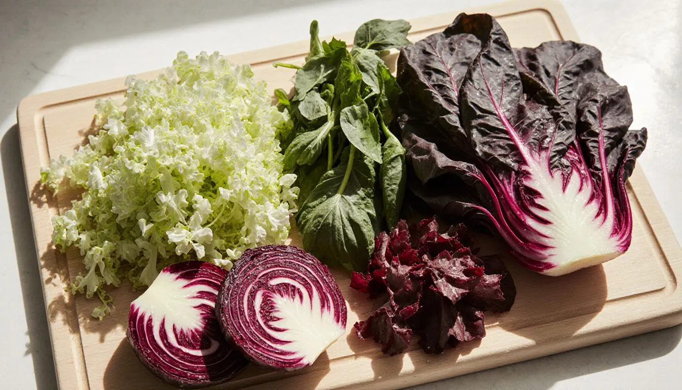 Frisée, radicchio, arugula, and chard arranged on a wooden board as escarole substitutes
