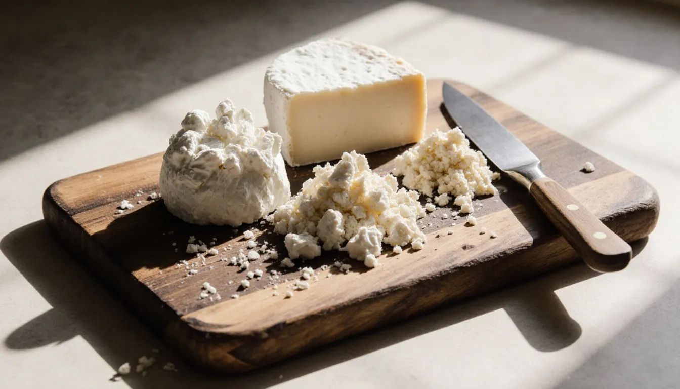 A wooden board with goat cheese, halloumi, and crumbled cotija as feta cheese substitutes