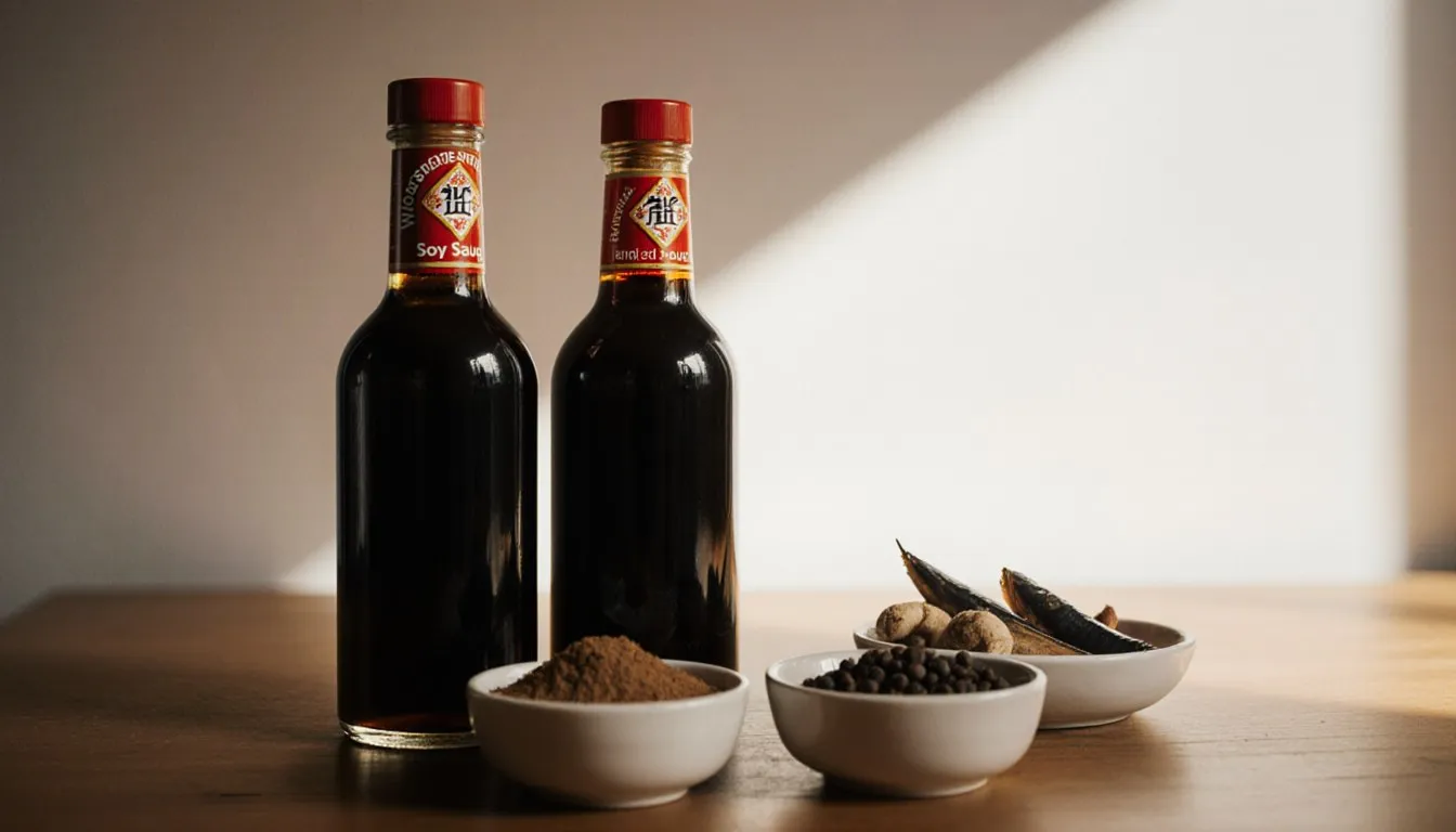 Bottles of soy sauce and Worcestershire sauce with small bowls of spices, common fish sauce substitutes