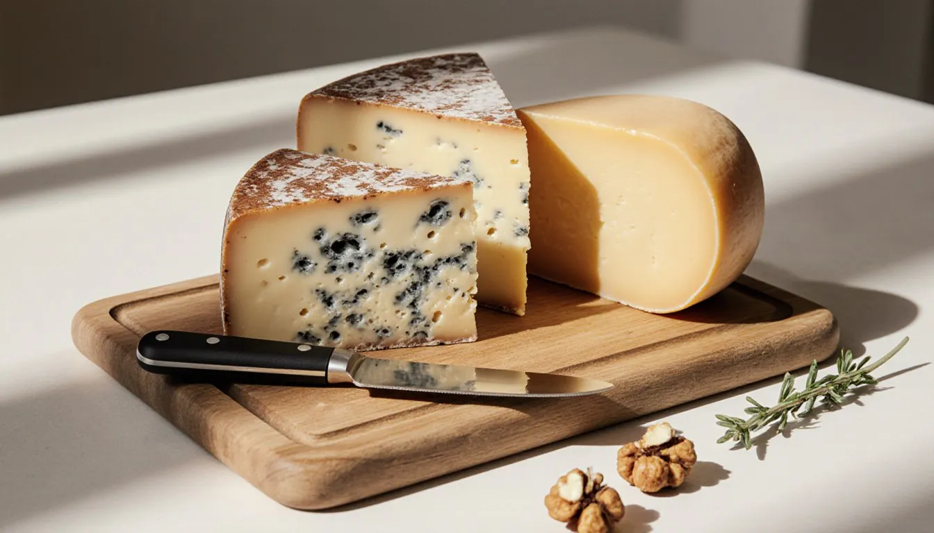 Wedges of Fontina, Gruyère, and Gouda cheese arranged together on a wooden board