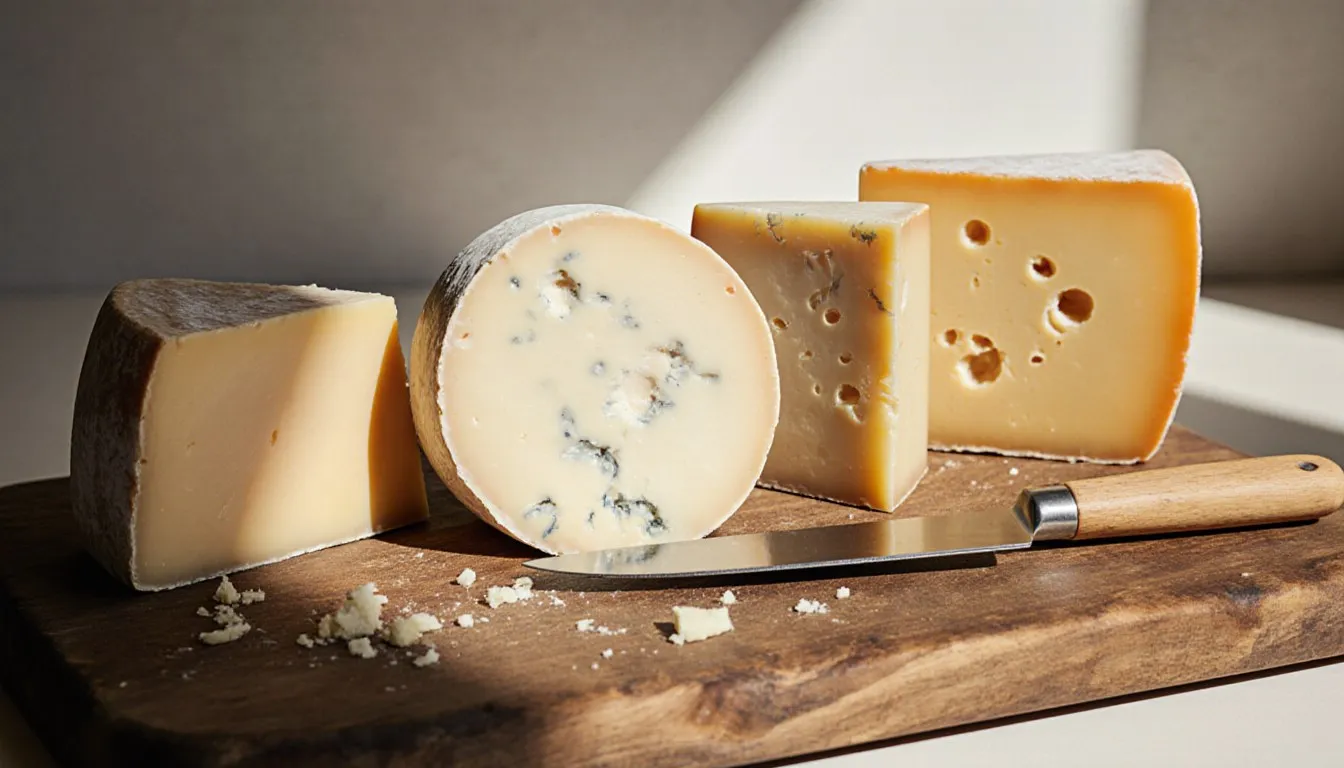 An assortment of cheese wedges and blocks arranged on a wooden board as gouda substitutes