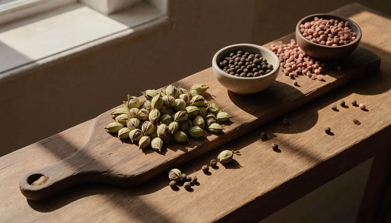 Cardamom pods, black peppercorns, and pink peppercorns arranged on a wooden board as spice substitutes