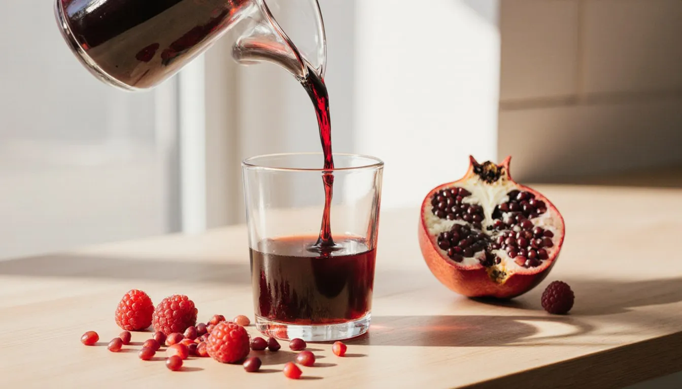 Deep red syrup poured beside fresh pomegranate seeds and raspberries, standing in for grenadine substitutes