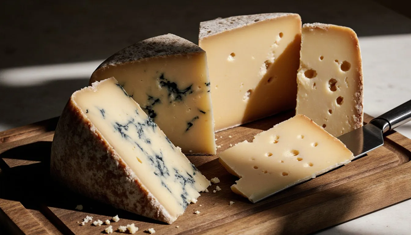 Wedges of firm alpine cheeses on a wooden board, showing substitutes for Gruyère