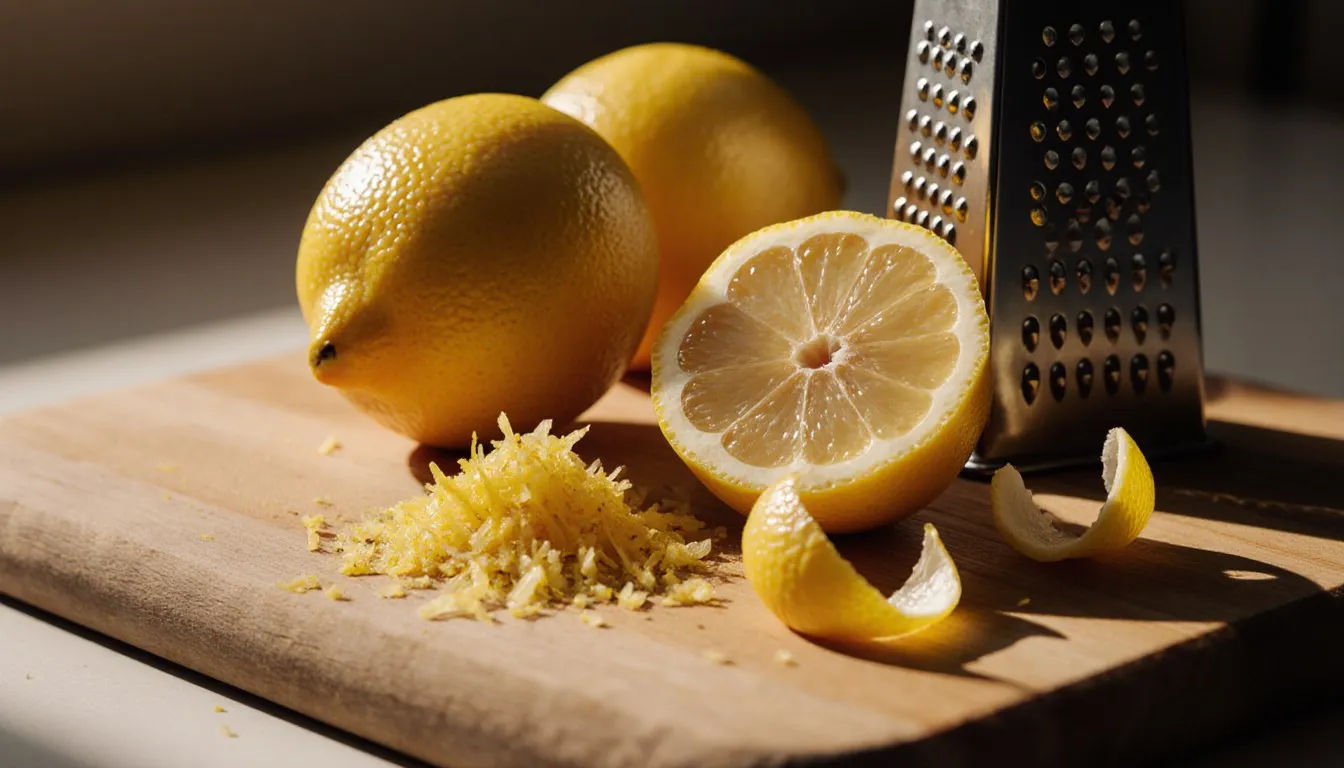 Fresh lemons, grated zest, and lemon peel arranged on a wooden board