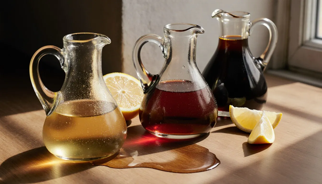 Small glass cruets of apple cider, wine, and balsamic vinegar with fresh lemon wedges on a wooden counter