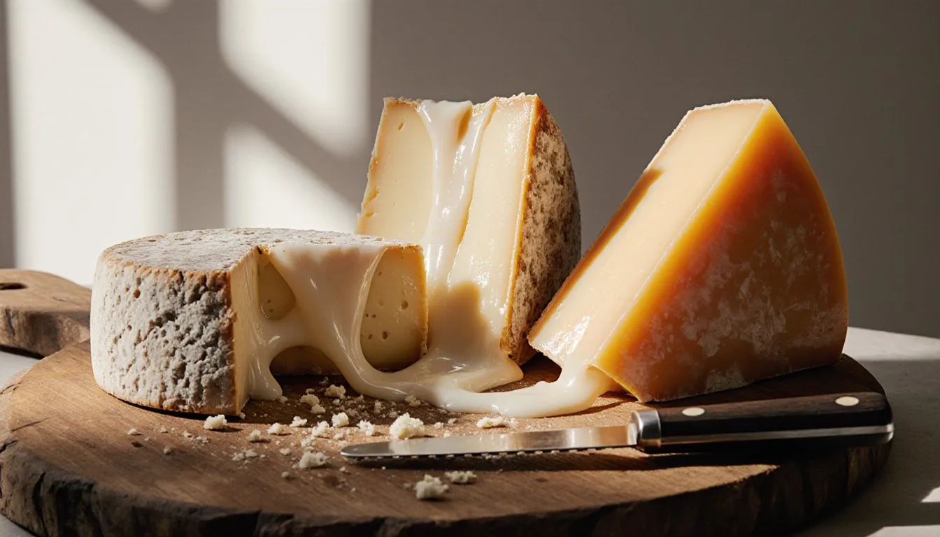 A wooden board with wedges of cheese, one broken open to show a gooey, melting pull